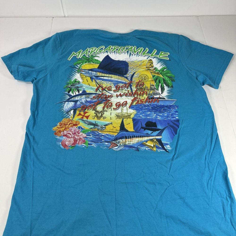 Margaritaville Swordfish Fishing I've Got To Stop Wishin' Teal T-Shirt Size Med